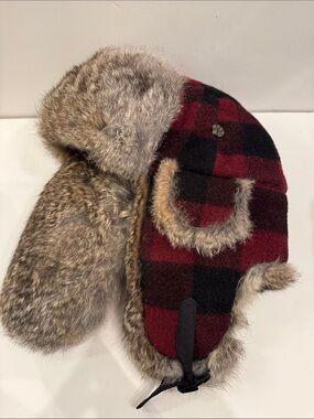Mad Bomber wool Plaid Trapper Hat with  real rabbit Fur Trim - Red/Black